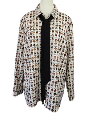 Eloquii White Printed Button Down Shirt Black Neck Tie Size 14 Office Blouse